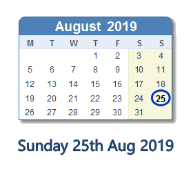 25 August 2019 calendar
