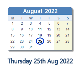 25 August 2022 calendar