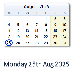 25 August 2025 calendar