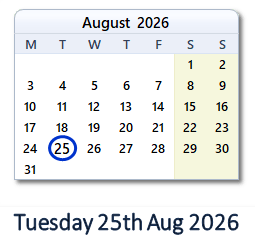 25 August 2026 calendar