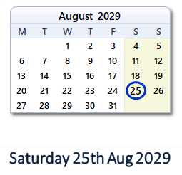 25 August 2029 calendar