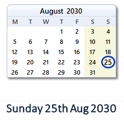 25 August 2030 calendar