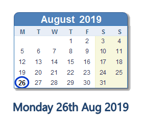26 August 2019 calendar