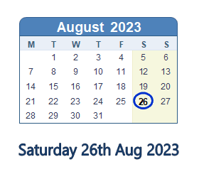 26 August 2023 calendar