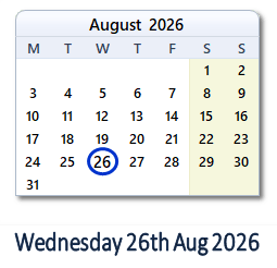 26 August 2026 calendar