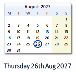 26 August 2027 calendar