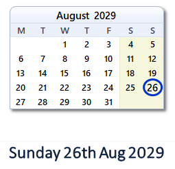 26 August 2029 calendar