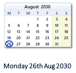26 August 2030 calendar