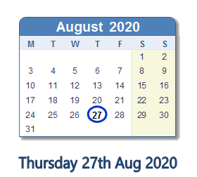 27 August 2020 calendar