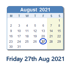27 August 2021 calendar