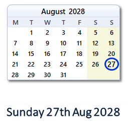 27 August 2028 calendar