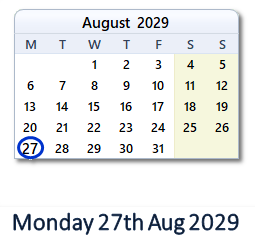 27 August 2029 calendar