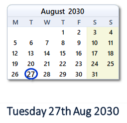 27 August 2030 calendar