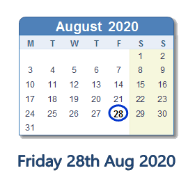 28 August 2020 calendar