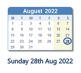 28 August 2022 calendar