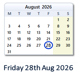 28 August 2026 calendar