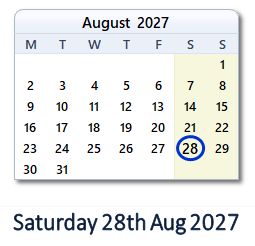 28 August 2027 calendar
