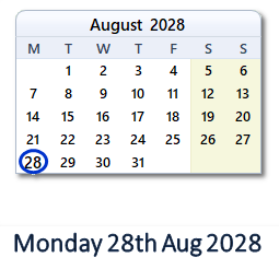 28 August 2028 calendar