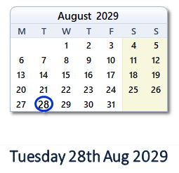28 August 2029 calendar