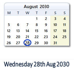 28 August 2030 calendar