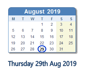 29 August 2019 calendar