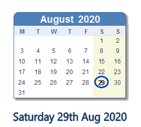 29 August 2020 calendar