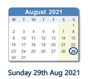 29 August 2021 calendar