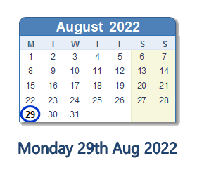 29 August 2022 calendar