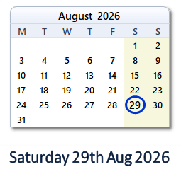 29 August 2026 calendar