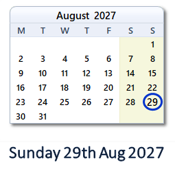 29 August 2027 calendar