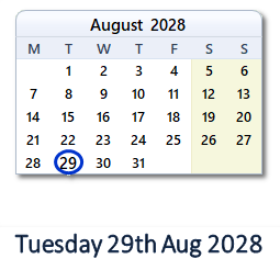 29 August 2028 calendar