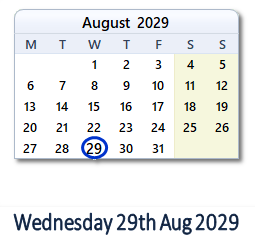 29 August 2029 calendar