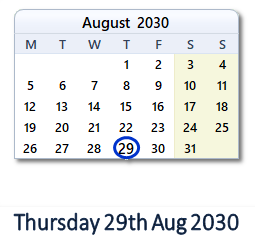 29 August 2030 calendar