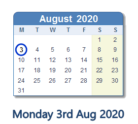 3 August 2020 calendar
