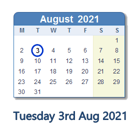 3 August 2021 calendar
