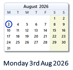 3 August 2026 calendar