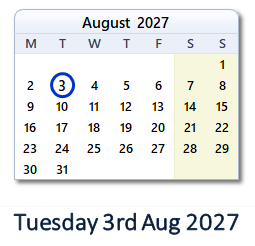 3 August 2027 calendar
