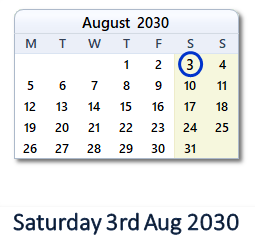 3 August 2030 calendar