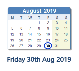 30 August 2019 calendar