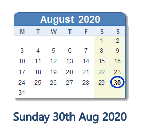 30 August 2020 calendar