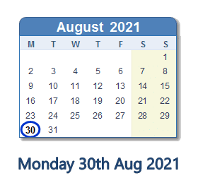 30 August 2021 calendar