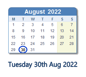 30 August 2022 calendar