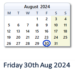 30 August 2024 calendar