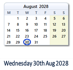 30 August 2028 calendar