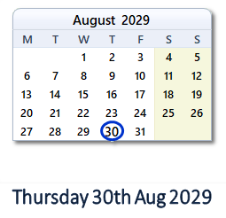 30 August 2029 calendar
