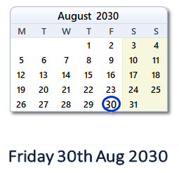 30 August 2030 calendar