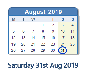 31 August 2019 calendar