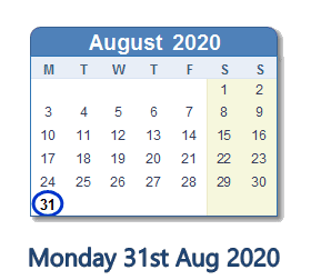 31 August 2020 calendar