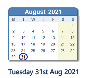 31 August 2021 calendar