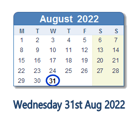 31 August 2022 calendar